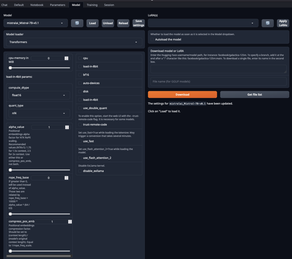 text-generation-webui Model tab with Mistral-7B loaded